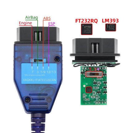 USB Cable for Fiat Car Diagnostics in Everyday Vehicle Maintenance - blue OBD2 USB adapter showing FT232RQ and LM393 chips and wiring