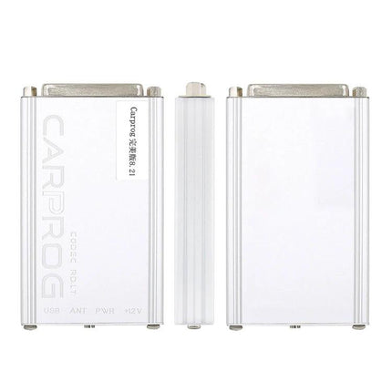 CarProg Tool for Everyday Vehicle Maintenance Needs - white USB vehicle diagnostic module, front and back view, hobbyist airbag reset tool