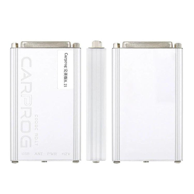 CarProg Tool for Everyday Vehicle Maintenance Needs - white USB vehicle diagnostic module, front and back view, hobbyist airbag reset tool