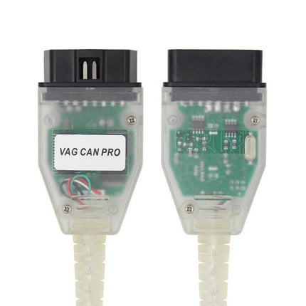 VCP CAN PRO Diagnostic Cable for Volkswagen and Audi clear OBD2 connector showing circuit board and label
