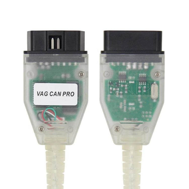 VCP CAN PRO Diagnostic Cable for Volkswagen and Audi clear OBD2 connector showing circuit board and label