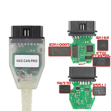 VCP CAN PRO Diagnostic Cable for Volkswagen and Audi - clear housing OBD-II cable showing PCB and chips for VW Audi diagnostics