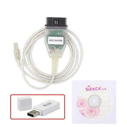 VCP CAN PRO Diagnostic Cable for Volkswagen and Audi connected to USB with software CD and USB adapter