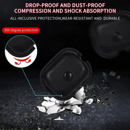Stylish PU Leather Case for Everyday Earphone Protection showing drop-proof, dust-proof 360-degree protection and durable black PU leather case