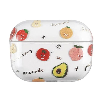 Fruit-Patterned Protective Case for Everyday Earbud Use - clear PC shell with cute tomato, avocado, peach and strawberry illustrations protecting earbuds