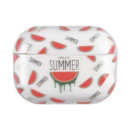 Fruit-Patterned Protective Case for Everyday Earbud Use - white watermelon print hard PC shell protecting earbuds, slim charging access