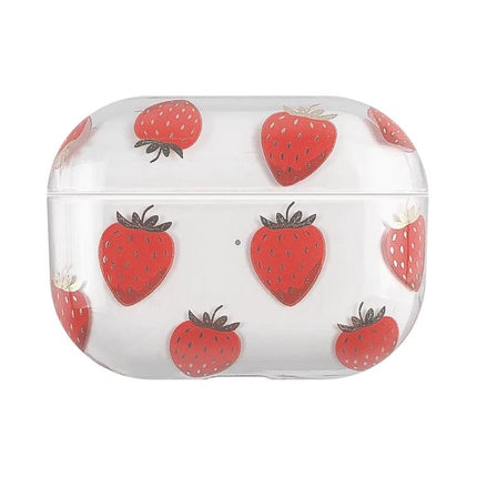 Fruit-Patterned Protective Case for Everyday Earbud Use with clear strawberry print, durable PC shell protecting earbuds from scratches and dust