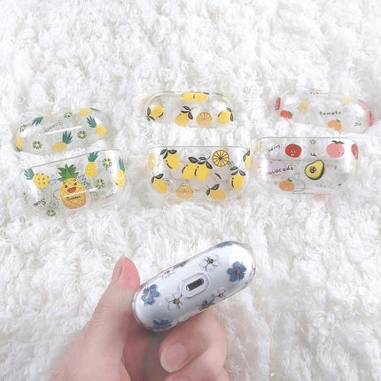 Fruit-Patterned Protective Case for Everyday Earbud Use - clear PC cases with lemon, pineapple, avocado and floral fruit prints, slim protective charging access