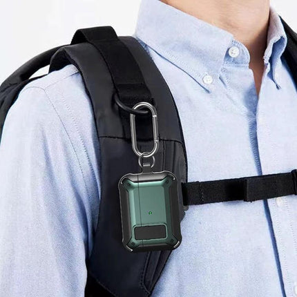 Protective Silicone Case for Everyday Earbud Travel and Daily Use attached to backpack strap with carabiner, 360-degree drop and scratch protection