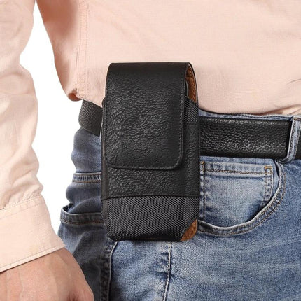 Nylon Oxford Waist Bag for Phones Up to 7 Inches attached to belt showing magnetic closure and back clip for secure hands-free carry