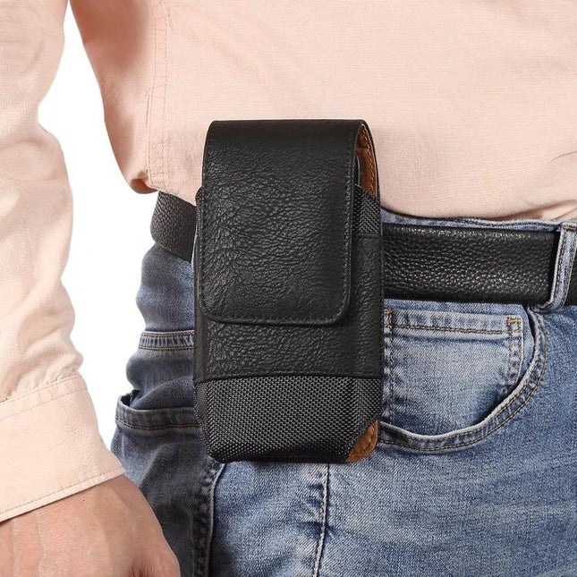 Nylon Oxford Waist Bag for Phones Up to 7 Inches — black nylon oxford belt pouch with magnetic closure attached to belt