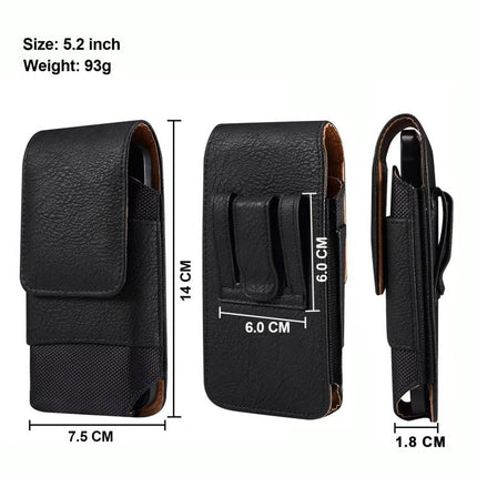 Nylon Oxford Waist Bag for Phones Up to 7 Inches black belt clip pouch showing front back and side with dimensions