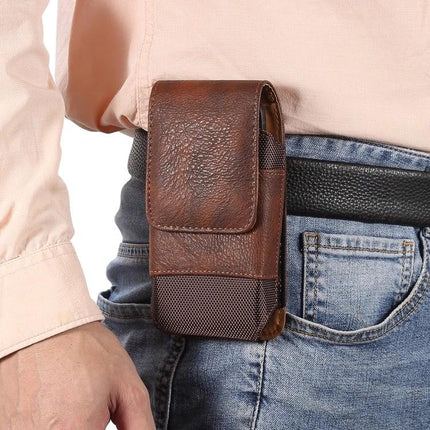 Nylon Oxford Waist Bag for Phones Up to 7 Inches on belt with magnetic closure and back clip, brown nylon oxford phone pouch