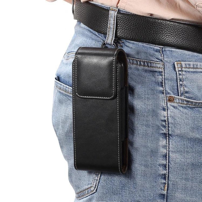Lambskin Leather Waist Bag for Folding Smartphones hanging on belt in black imitation lambskin with magnetic closure