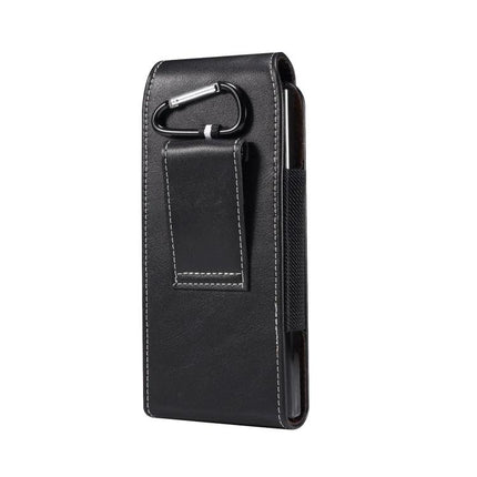 Lambskin Leather Waist Bag for Folding Smartphones in black imitation lambskin with magnetic closure and carabiner belt clip