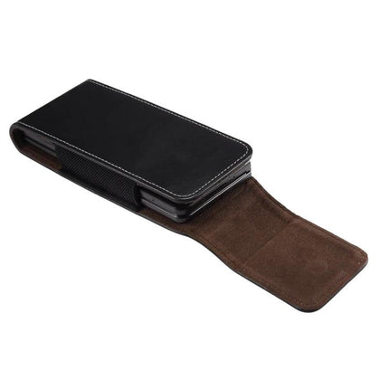 Lambskin Leather Waist Bag for Folding Smartphones in black with magnetic flap open showing folded phone and suede interior