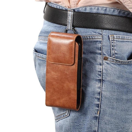 Lambskin Leather Waist Bag for Folding Smartphones hanging on belt in brown imitation lambskin with magnetic closure