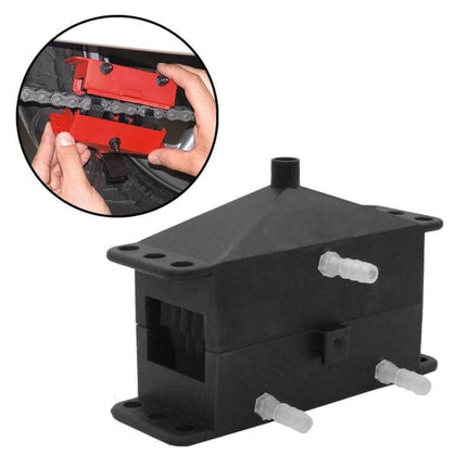 Motorcycle Chain Cleaning Kit For Chains And Sprockets shown with black applicator box and red chain brush for precise cleaning and lubrication