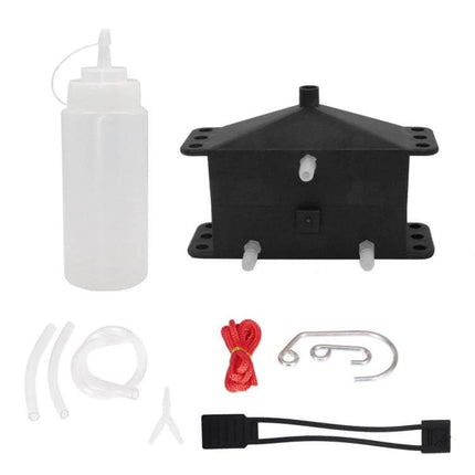 Motorcycle Chain Cleaning Kit For Chains And Sprockets showing bottle, hoses, applicator and mounting hardware for cleaning and lubrication
