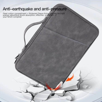 Durable Sheepskin Texture Leather Laptop Bag for Up to 13-Inch Devices showing protective grey sleeve with handle and anti-pressure demo