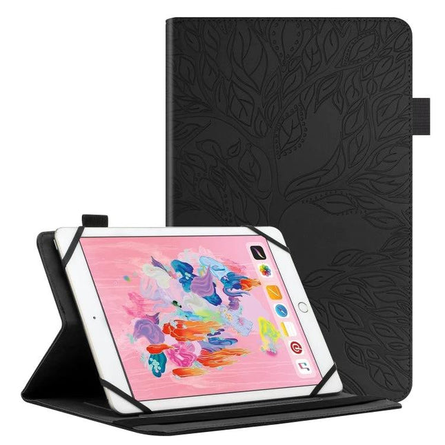 Life Tree Pattern Leather Tablet Case for 8 and 10-Inch Tablets showing black embossed tree design and flip stand holding tablet