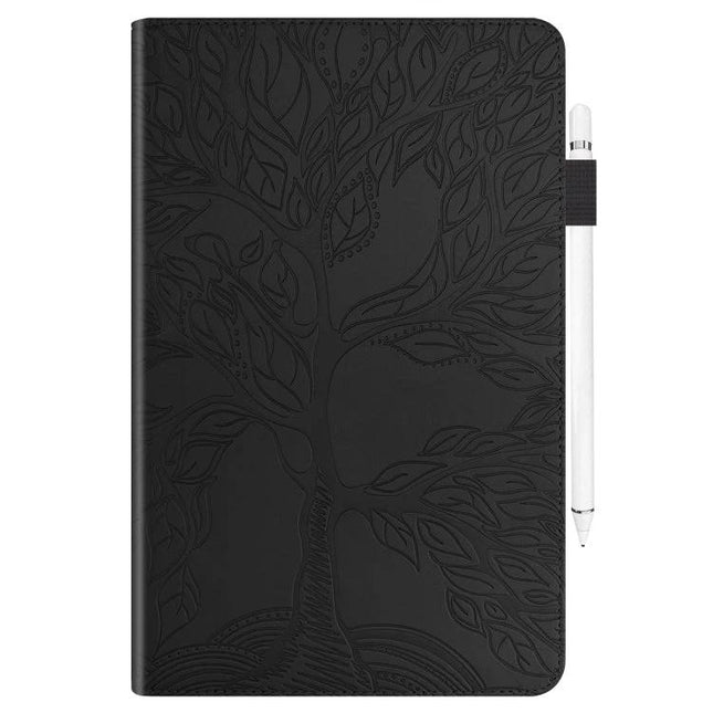 Life Tree Pattern Leather Tablet Case for 8 and 10-Inch Tablets - black embossed leather flip stand cover with stylus loop