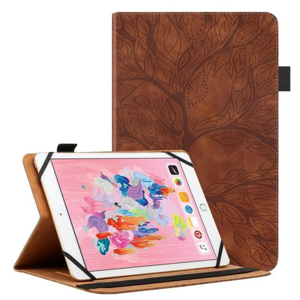 Life Tree Pattern Leather Tablet Case for 8 and 10-Inch Tablets - Brown leather protective flip stand for reading and watching videos