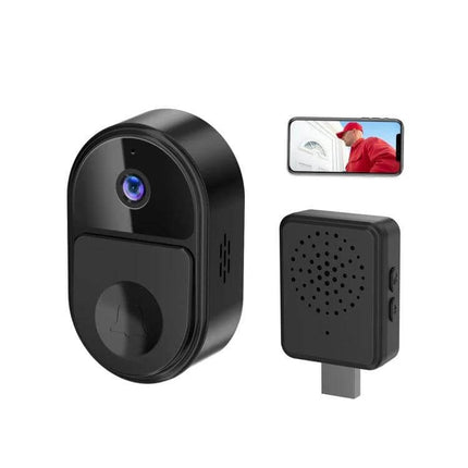 Wireless Mini Smart Video Doorbell with Two-Way Audio showing black camera unit, wireless chime and smartphone live view