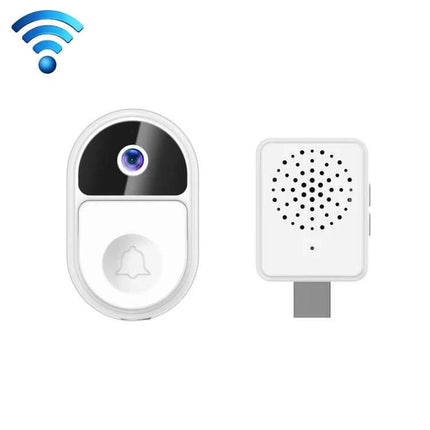 Wireless Mini Smart Video Doorbell with Two-Way Audio showing compact white doorbell camera and wireless chime for smartphone monitoring