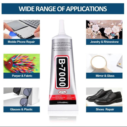 B-7000 Multi-Purpose Adhesive Glue for Everyday Material Bonding tube shown with examples of mobile phone repair, jewelry, fabric, glass, glasses and shoe repair
