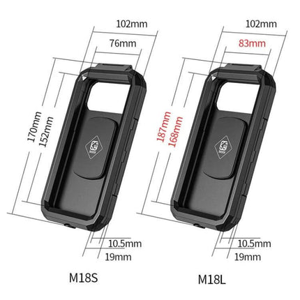 Handlebar Phone Holder With Wireless Charging Waterproof rugged sealed bike motorcycle mount showing M18S and M18L dimensions