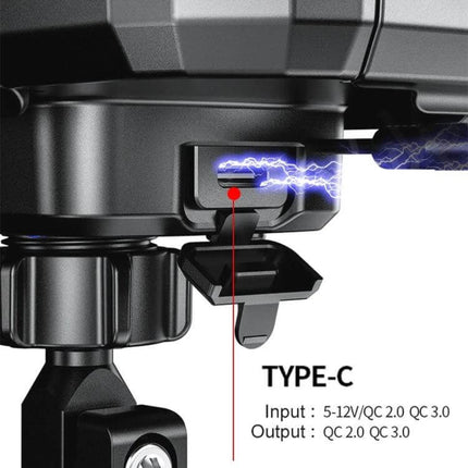 Handlebar Phone Holder With Wireless Charging Waterproof showing Type-C charging port and sealed weatherproof mount for bikes and motorcycles