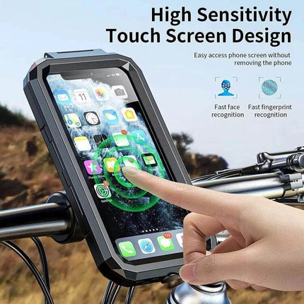 Handlebar Phone Holder With Wireless Charging Waterproof mounted on bike handlebar showing touch-screen use in rainproof sealed enclosure