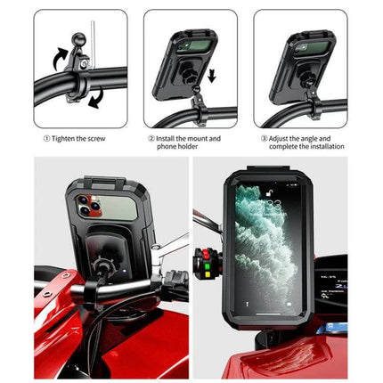 Handlebar Phone Holder With Wireless Charging Waterproof mounted on motorcycle handlebar showing sealed case, touchscreen access and wireless charging