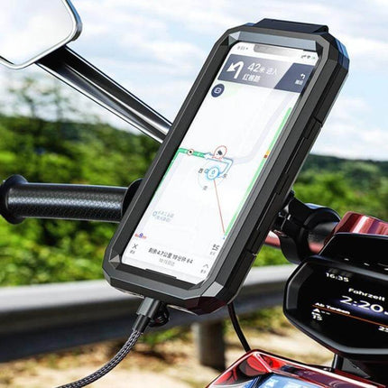 Handlebar Phone Holder With Wireless Charging Waterproof mounted on motorcycle handlebar showing GPS navigation and sealed touchscreen enclosure