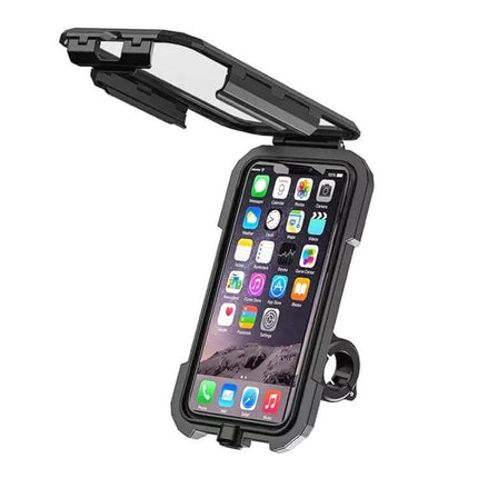 Handlebar Phone Holder With Wireless Charging Waterproof showing sealed mount with clear cover and phone displaying apps, bike handlebar attachment