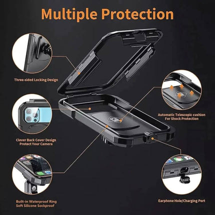 Rearview Mirror Phone Holder With Wireless Charging showing waterproof, shockproof case, three-sided locking and charging/earphone ports