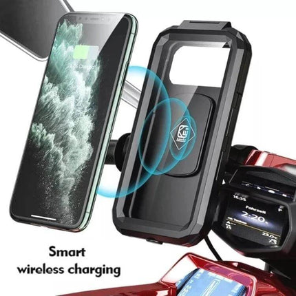 Rearview Mirror Phone Holder With Wireless Charging mounted on scooter showing phone wireless charging icon and weather-sealed design