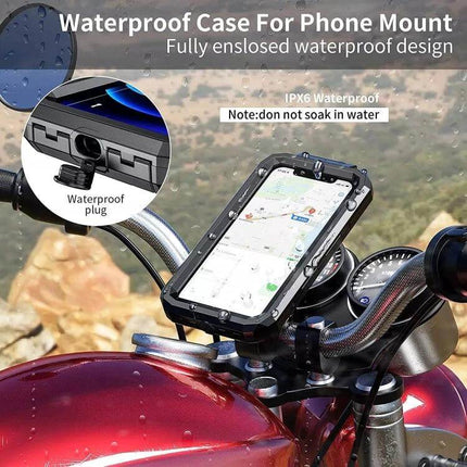 Rearview Mirror Phone Holder With Wireless Charging on motorcycle mount showing waterproof case and phone navigation