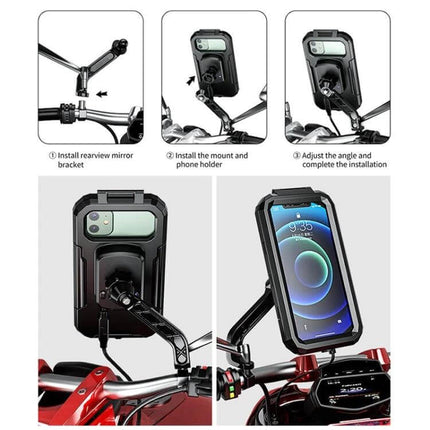 Rearview Mirror Phone Holder With Wireless Charging mounted on motorcycle handlebar showing phone charging and adjustable bracket