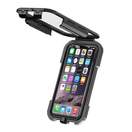 Rearview Mirror Phone Holder With Wireless Charging mounted on car mirror holding phone showing apps, weather-sealed 15W wireless charging