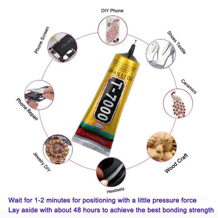 T7000 Multi-Purpose Adhesive Glue for Crafts and Home Repairs tube shown with applications: jewelry, phone repair, ceramics, fabric, wood craft