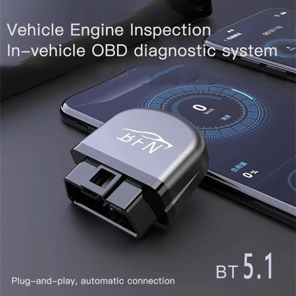 BFN Diagnostic Tool for Daily Vehicle Checks and Repairs shown plugged into phone with OBD2 app display