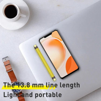 Portable Flexible Cable for Everyday Device Connections - compact 13.8mm light portable cable shown with phone, laptop, watch and coffee, supports fast 10Gbps data