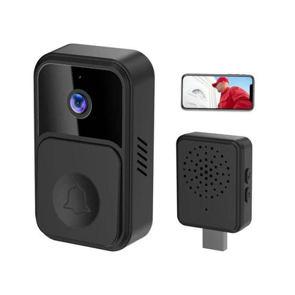 Wireless Smart Video Doorbell for Easy Home Monitoring with Wide Angle showing black doorbell camera, chime receiver and smartphone live view