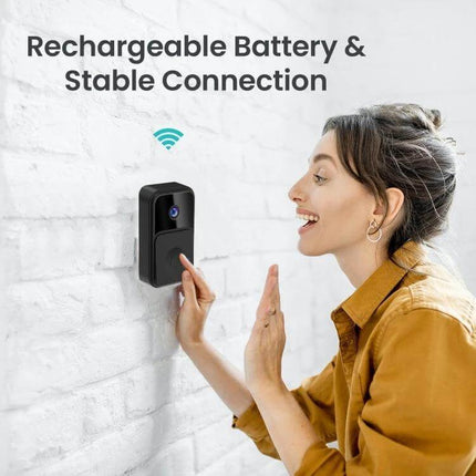 Wireless Smart Video Doorbell for Easy Home Monitoring with Wide Angle showing woman using two-way audio at doorbell with rechargeable battery and stable Wi-Fi