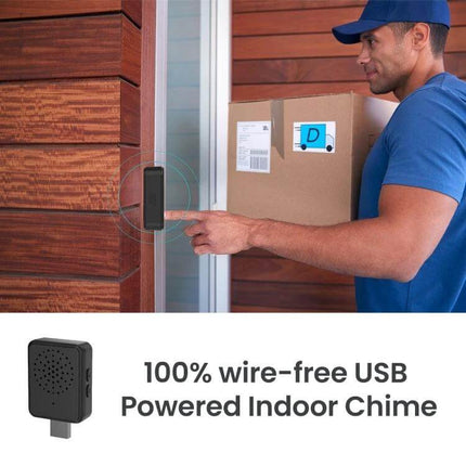 Wireless Smart Video Doorbell for Easy Home Monitoring with Wide Angle showing delivery person pressing wireless doorbell and USB indoor chime