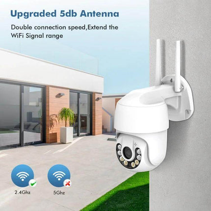 QX59 Wireless Home Security Camera for Easy Monitoring mounted outdoors with dual antennas showing 2.4GHz WiFi compatibility