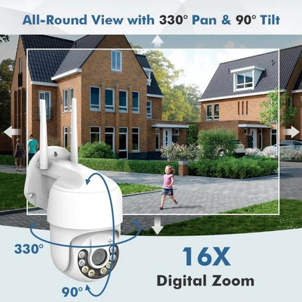 QX59 Wireless Home Security Camera for Easy Monitoring showing 330° pan, 90° tilt and 16X digital zoom monitoring a residential driveway