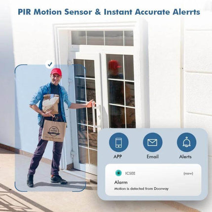 QX59 Wireless Home Security Camera for Easy Monitoring showing delivery person detected by PIR motion sensor with app alerts